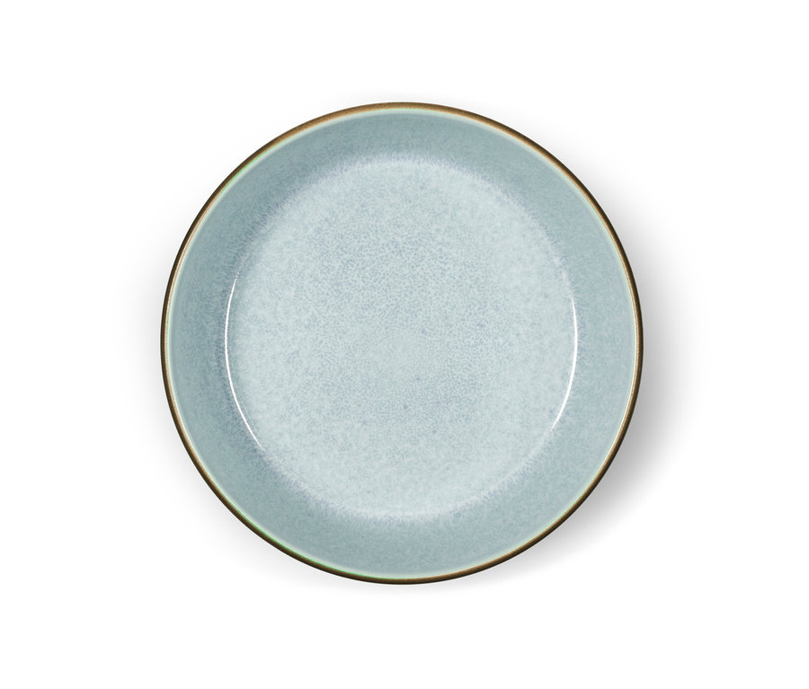 Nahaufnahme einer hellblau-grauen Bitz »Gastro« Suppenschüssel, 18 cm, mit braunem Rand.