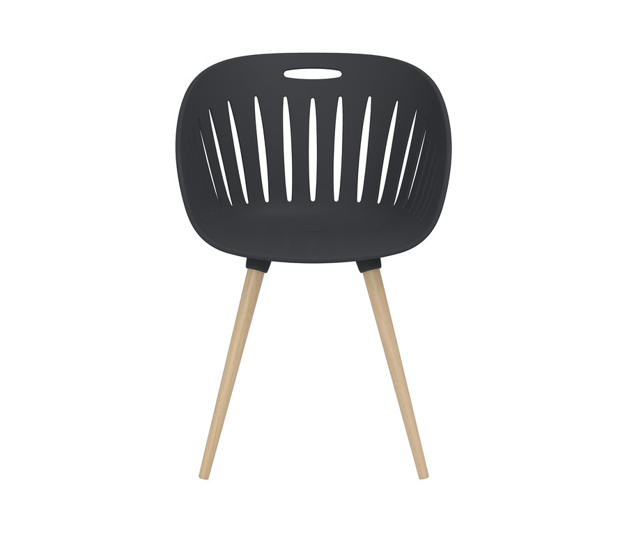 Ein anthrazitfarbener Schalenstuhl mit hellen Holzbeinen.