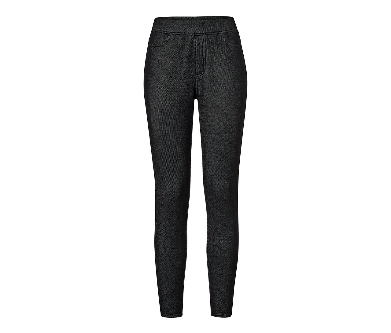 Eine schwarze, gefütterte Leggings in Jeansoptik auf weißem Hintergrund.