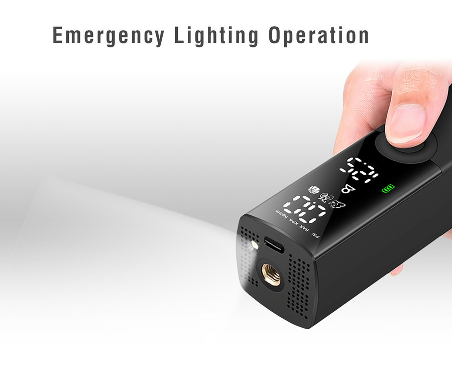 Hand hält schwarze elektrische Pumpe »VoltPump« mit digitalem Display und Licht.