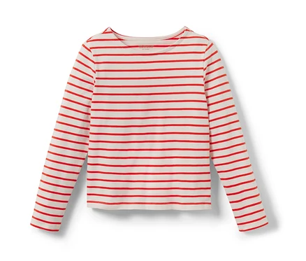 Ein Kinder-Cropped-Shirt mit roten Streifen auf weißem Grund.
