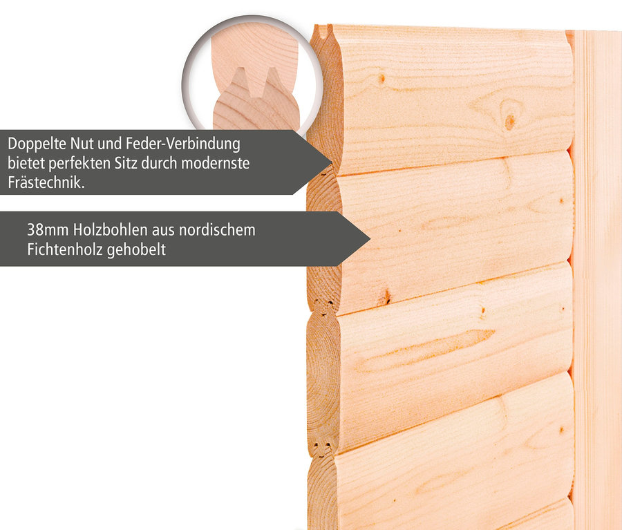 Detail einer Karibu Sauna »Elli 2« Blockbohlenwand mit Nut- und Federverbindung.