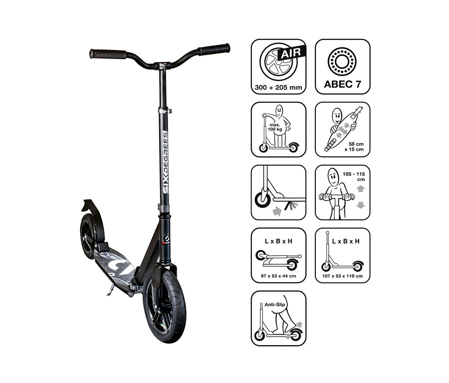 Schwarzer SIX DEGREES Aluminium-Scooter »All Terrain 300/205 mm«.