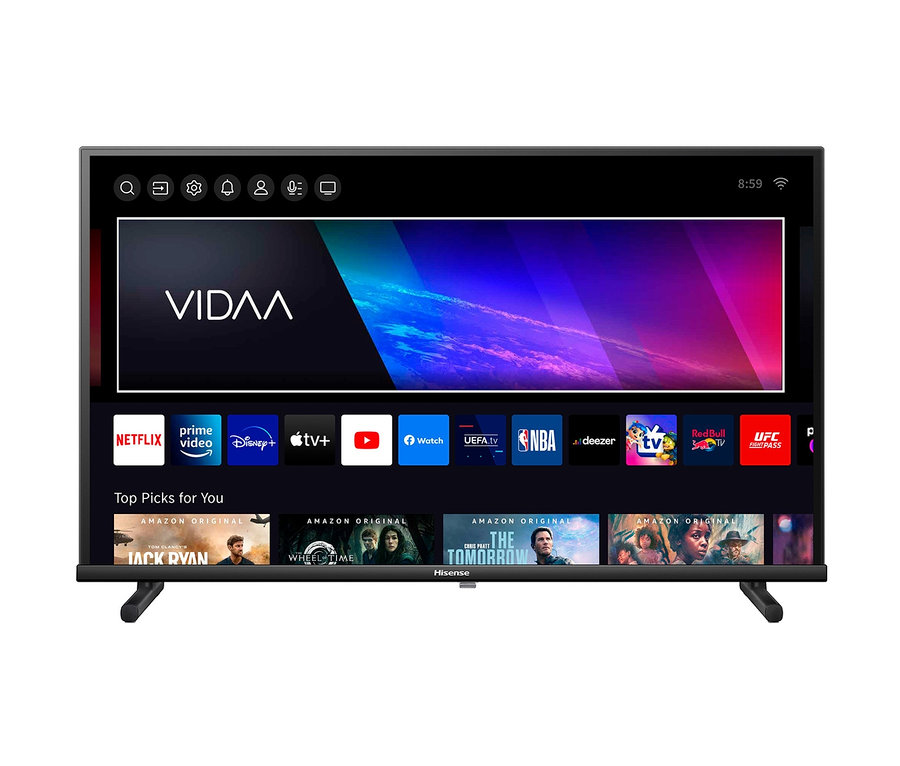 Schwarzer Hisense 32A5KQ Fernseher zeigt Menü mit Streaming-Apps.
