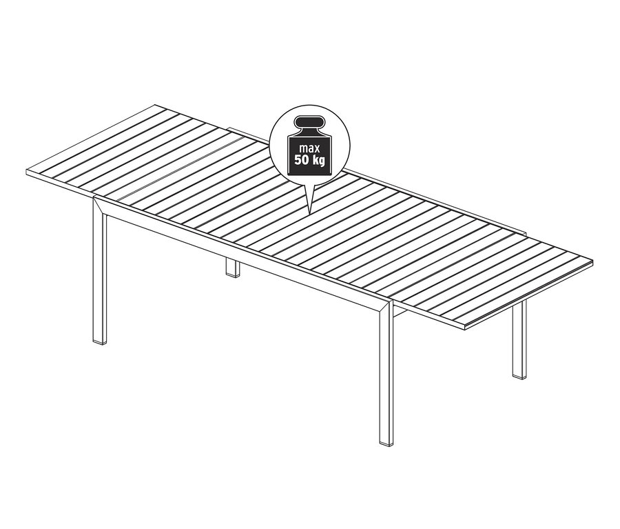 Eine schematische Darstellung des Ausziehtisch »Liska« aus Aluminium.