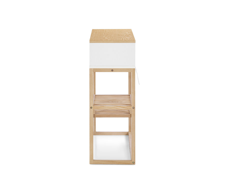 Konsole mit Schubladen, weißen Schubladen und Holzrahmen.