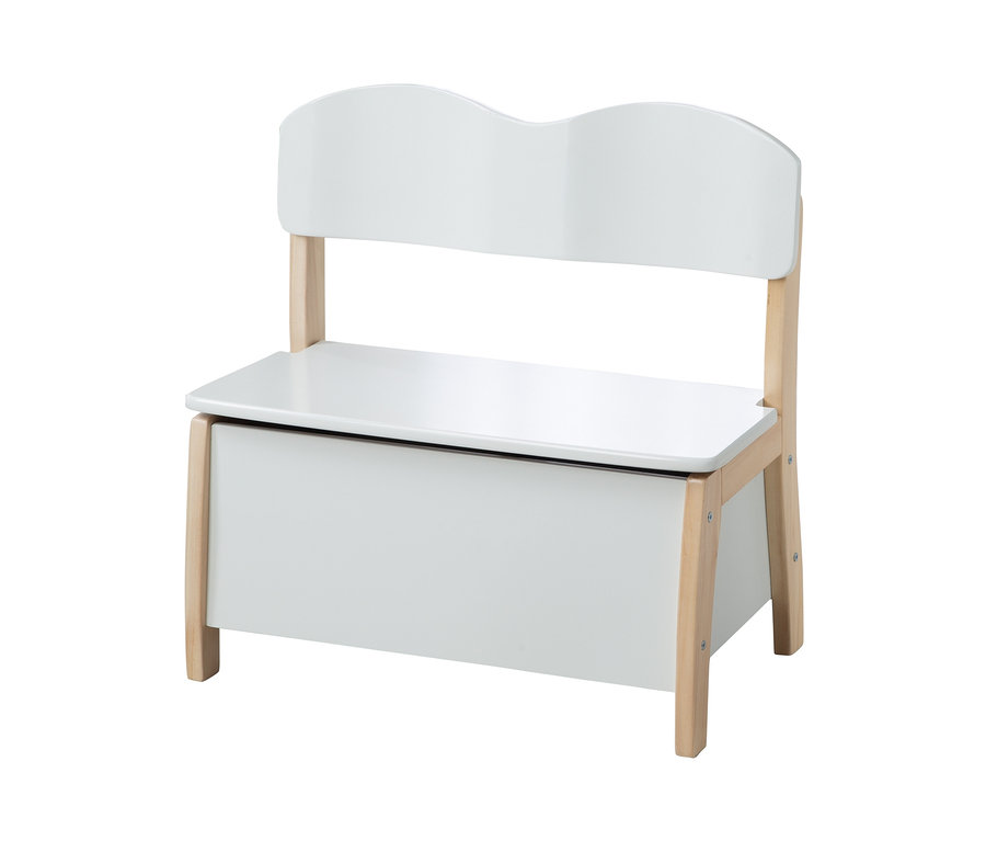 Weiße roba Kindertruhenbank mit Rückenlehne.