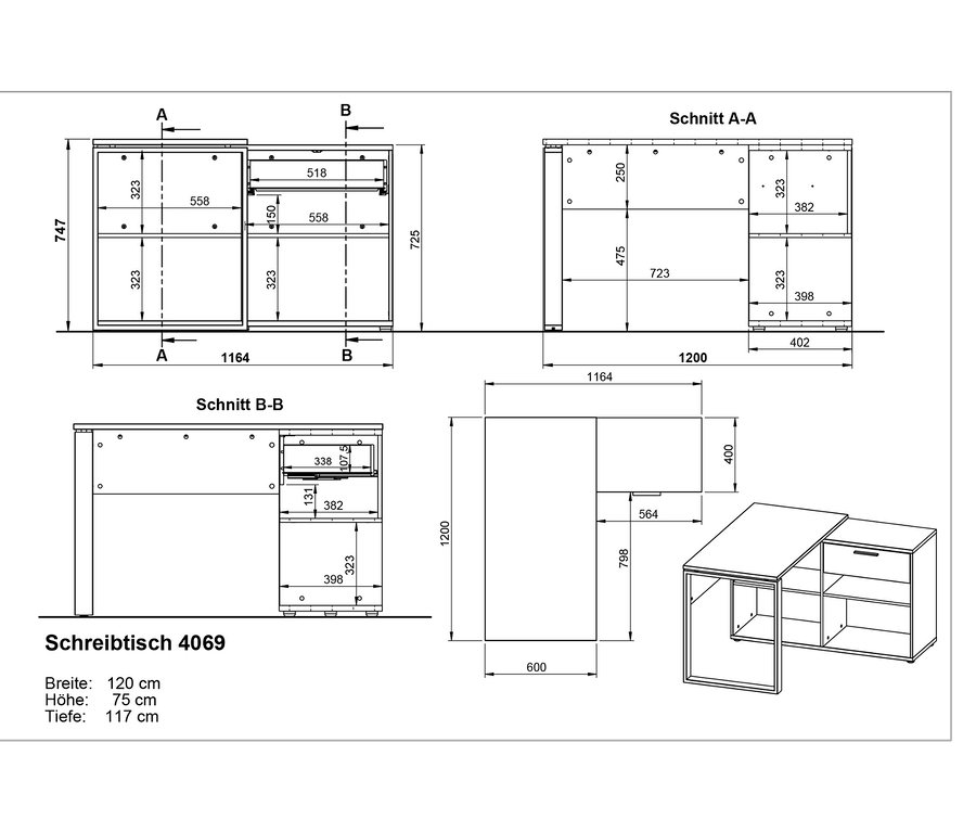 Diagramm der Abmessungen und Schnitte des Schreibtischs Floda.