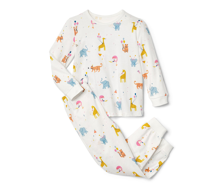 Kinder-Pyjama mit Tiermuster, Elefanten, Giraffen und Tigern mit Ballons und Partyhüten.