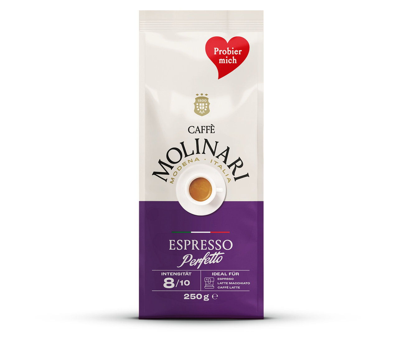 Eine Packung Caffè Molinari Caffè Crema & Espresso Probierset - 2x 250 g Ganze Bohne.