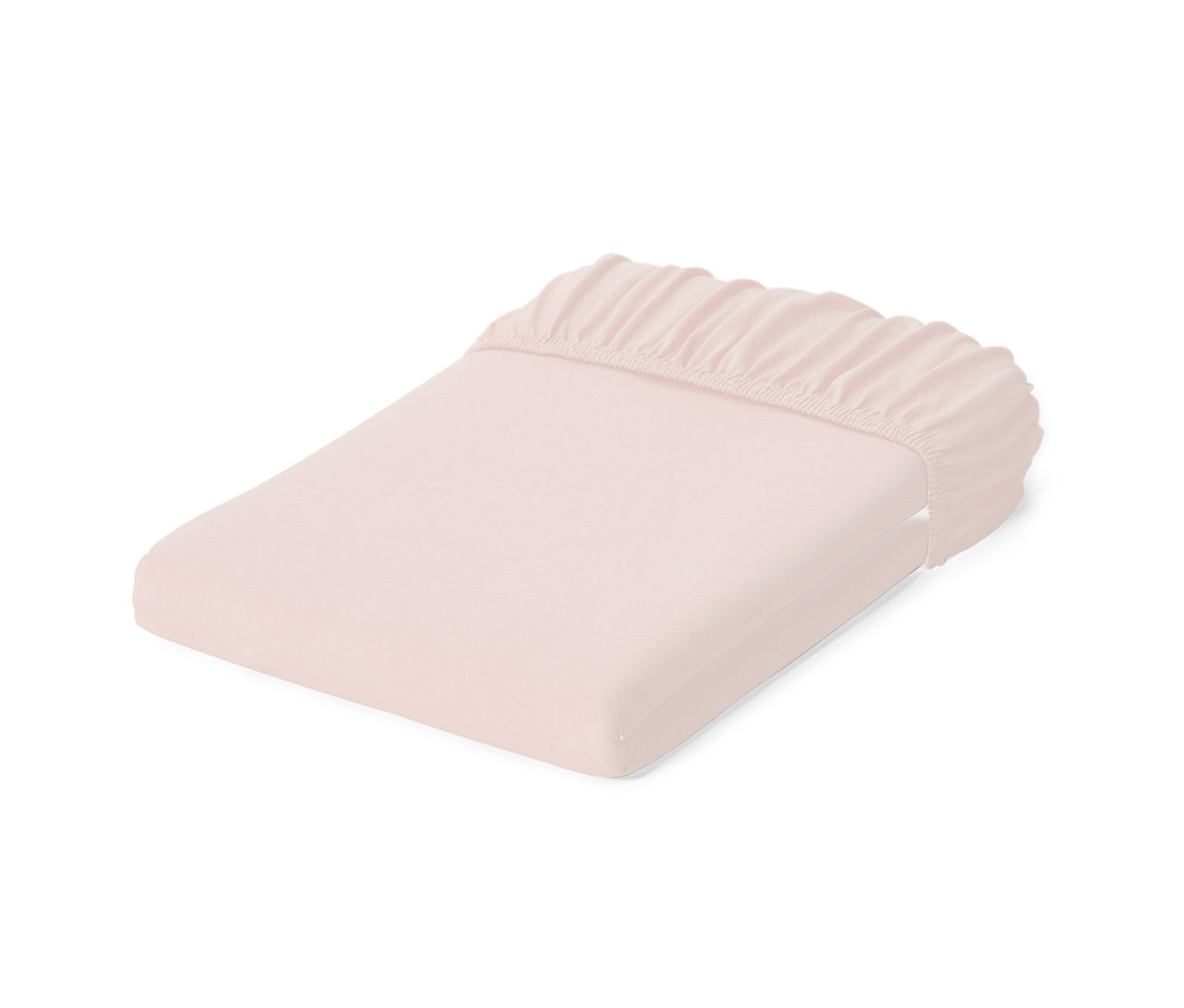 Ein rosa Jersey-Spannbettlaken in Normalgröße und ein Jersey-Spannbettlaken in Doppelgröße liegen gefaltet aufeinander.