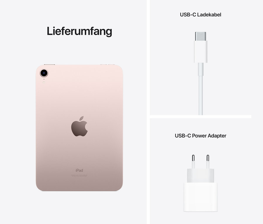 Lieferumfang: Rosafarbenes Apple iPad mini mit WiFi 2021, 8,3", 256 GB, USB-C Ladekabel und USB-C Netzteil.