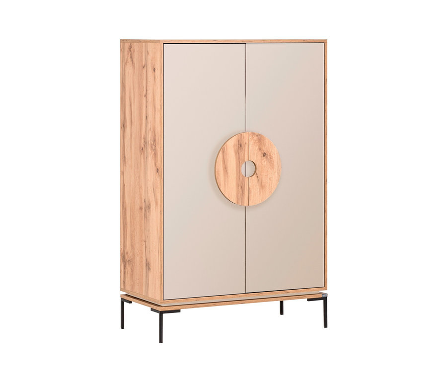 Beiges Highboard mit Holzdetails und rundem Griff.