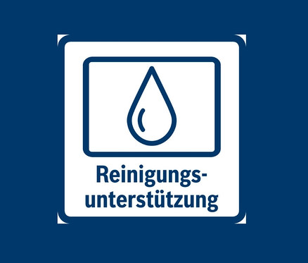 Blaues Symbol, das einen Wassertropfen über dem Wort "Reinigung" darstellt.