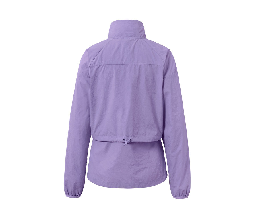 Rückansicht einer lila 3-in-1-Laufjacke.