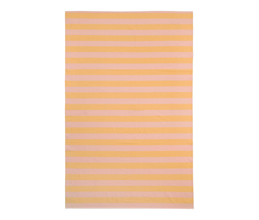 Gelb-rosa gestreifte Outdoor-Tischdecke, ca. 150 x 275 cm.