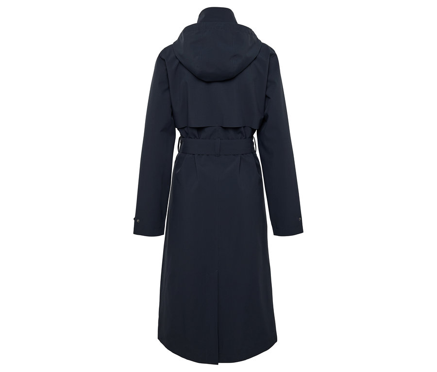 Dunkelblauer Mantel mit Kapuze und Gürtel, von hinten gesehen.