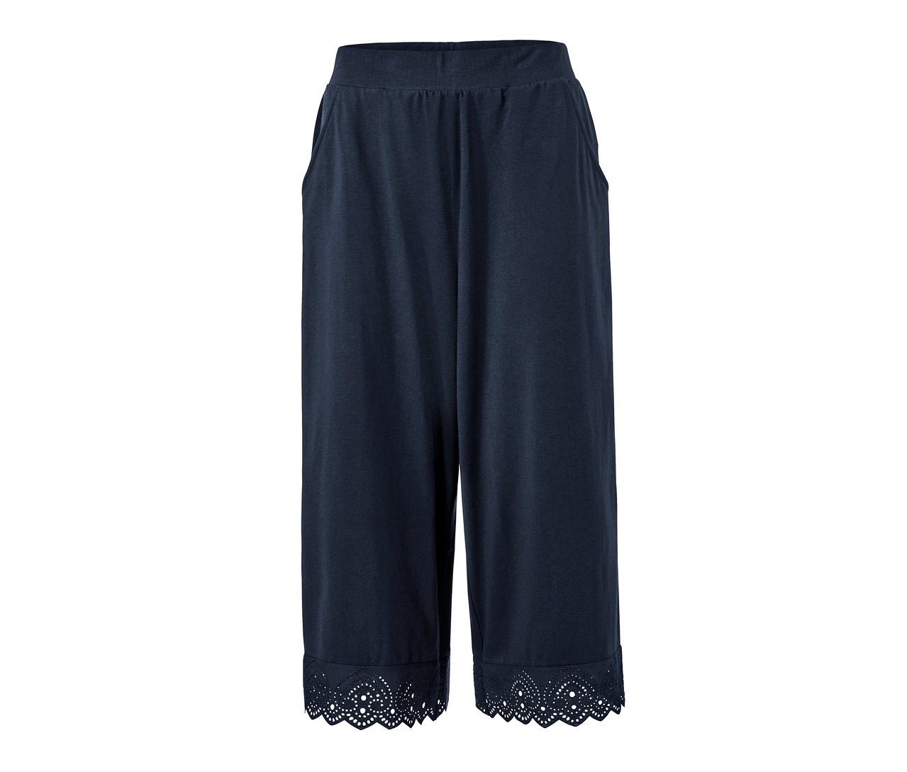 Eine marineblaue Culotte mit Stickerei am Saum.