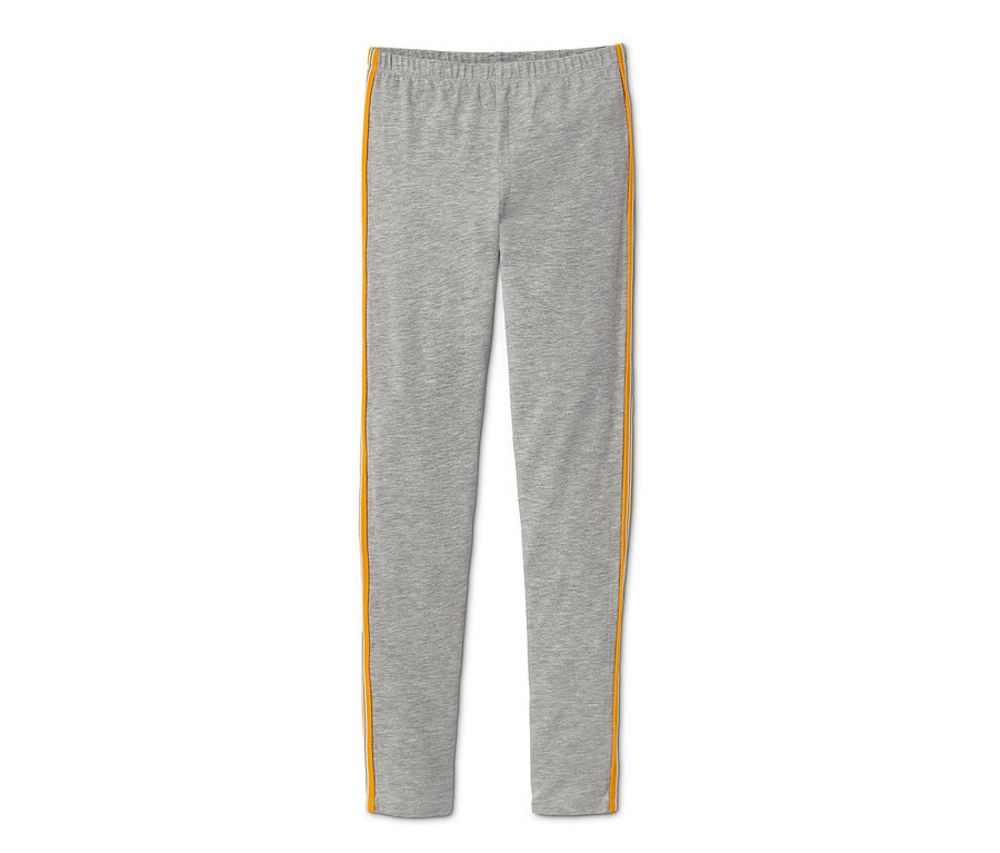 Graue Leggings mit orangefarbenen Streifen an der Seite.