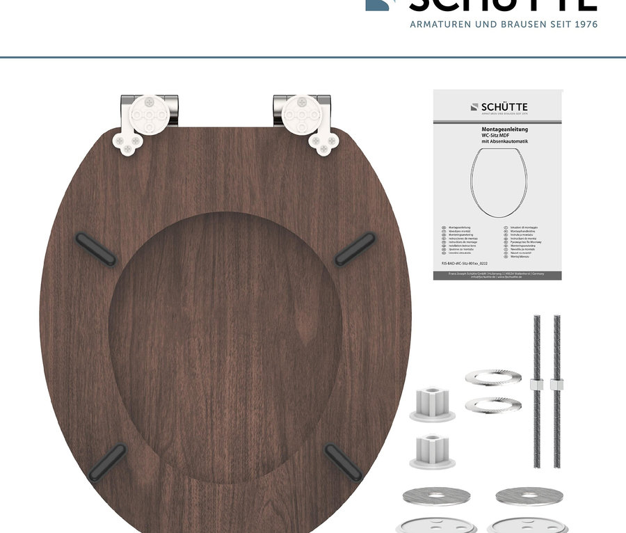 Brauner WC-Sitz aus Holz mit Montagezubehör und Anleitung.