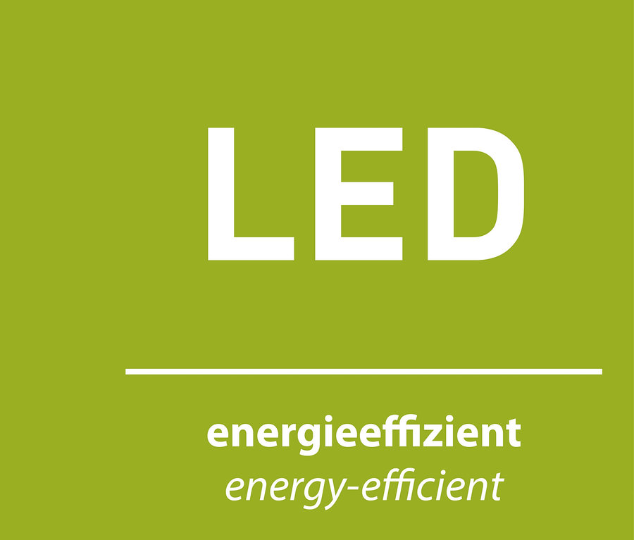 Grüner Hintergrund mit weißem Text "LED", horizontaler Linie und Text "energieeffizient energy-efficient".