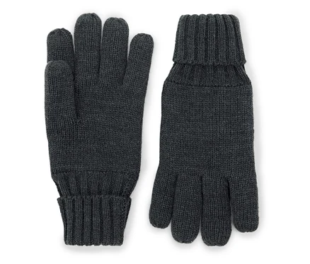 Zwei graue Strickhandschuhe.