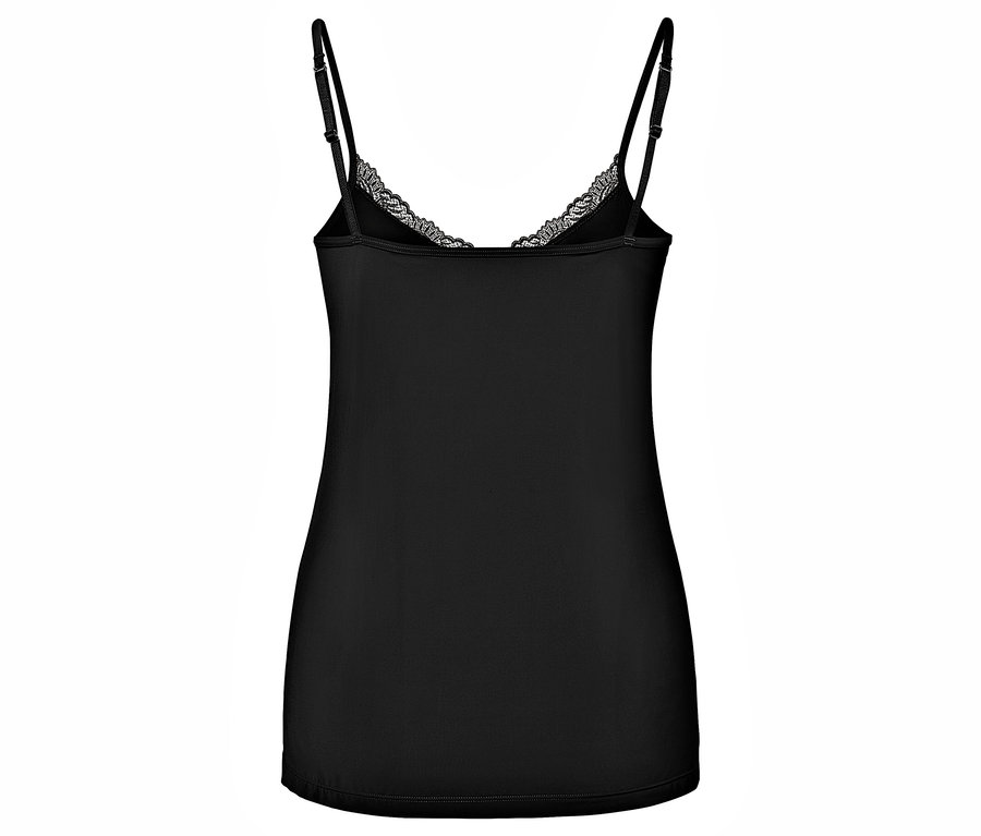 Schwarzes Top mit Spitzenbesatz und verstellbaren Trägern, von hinten gezeigt.