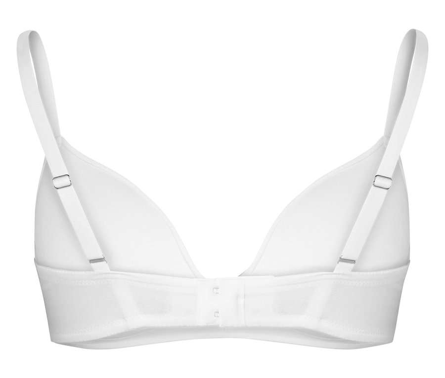 Rückansicht eines weißen BHs mit verstellbaren Trägern und Hakenverschluss.