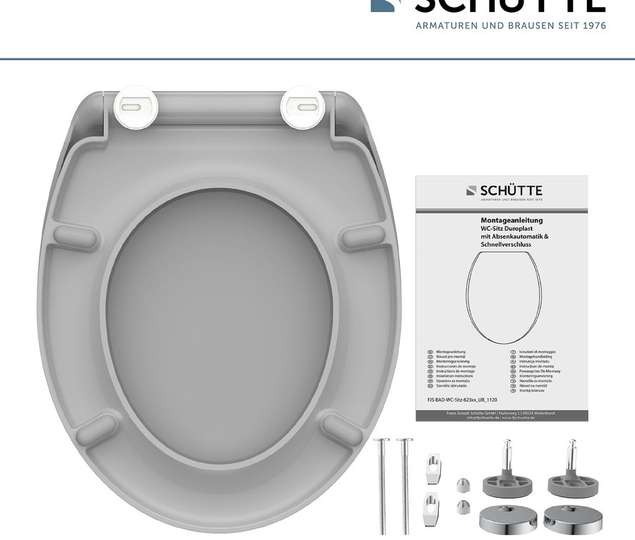 Grauer WC-Sitz mit Montageanleitung und Montageteilen.