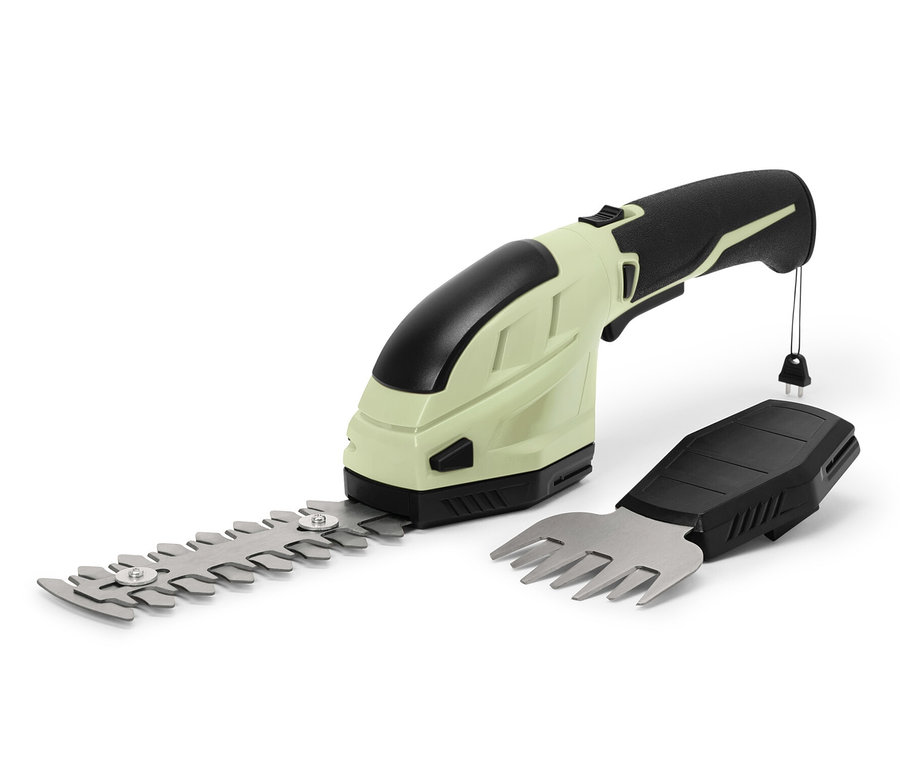 Akku-Gartenschere mit Grasaufsatz.