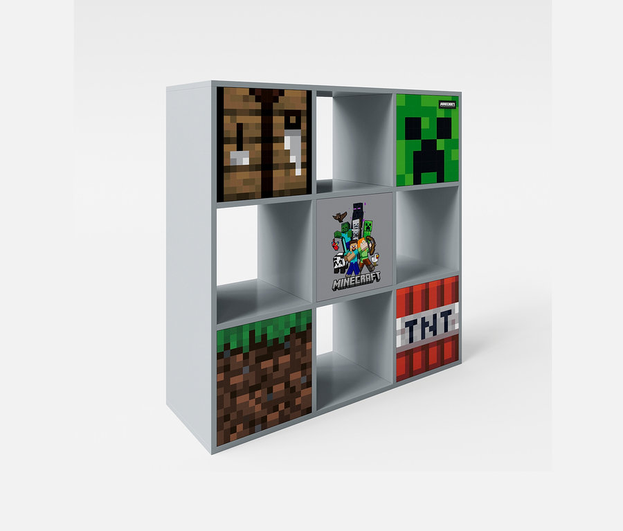 Graues Regal mit neun Fächern und Minecraft-Motiven, genannt roba Minecraft Regal.