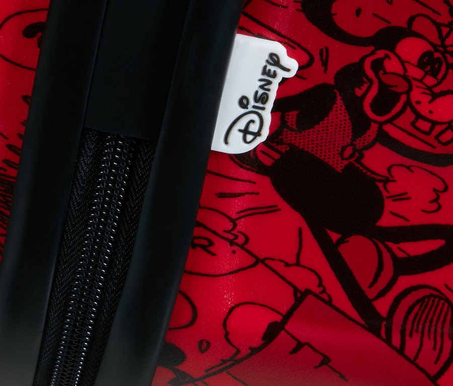 Detailansicht eines roten American Tourister Wavebreaker Koffers mit Mickey Mouse Motiv.