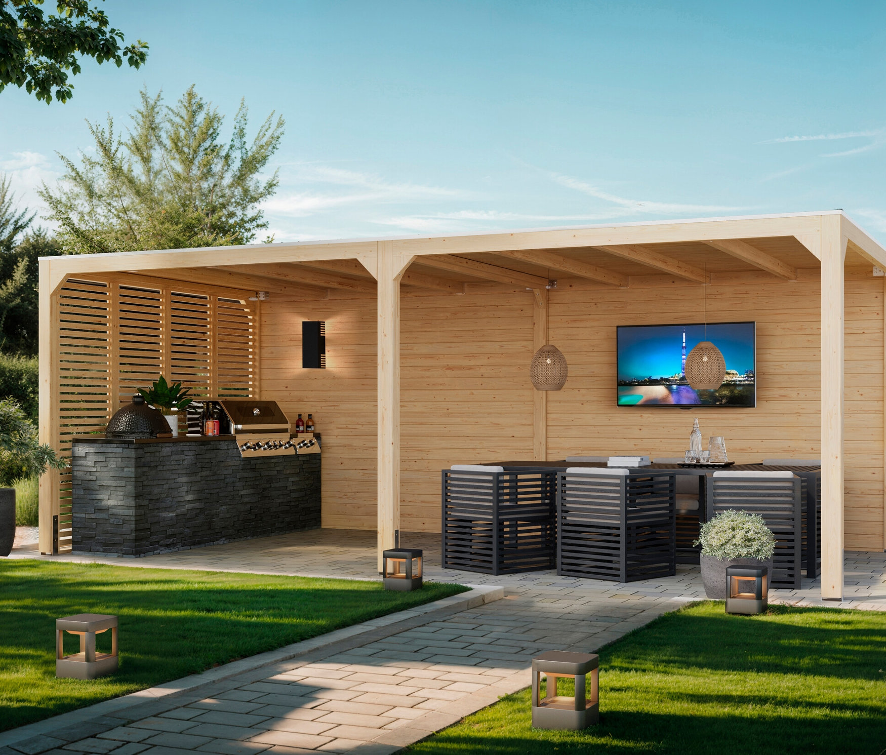 Außenansicht eines Gartenpavillons mit Grill und Sitzbereich.