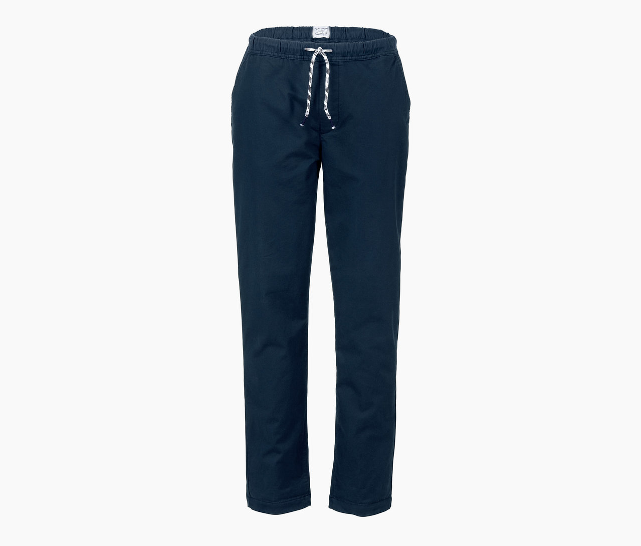Eine marineblaue Comfort-Chino mit weißem Kordelzug.