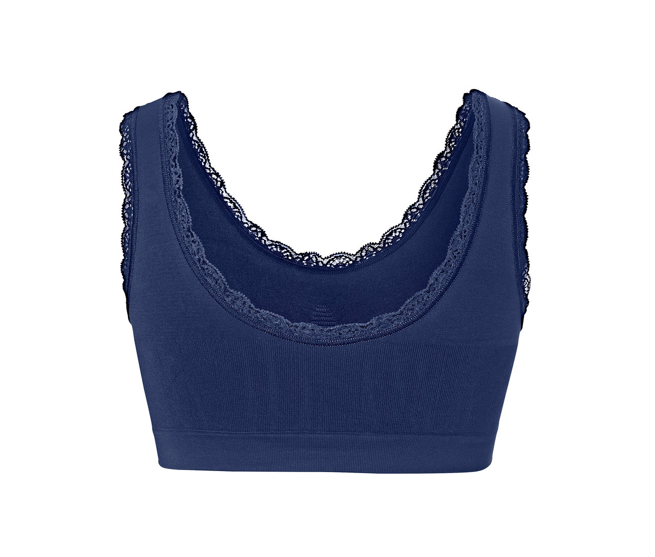Nahaufnahme eines nahtlosen Bustiers mit Spitzenbesatz in Dunkelblau.