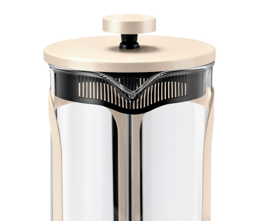 Detailaufnahme einer beigen Siebstempelkanne für 6 Tassen.