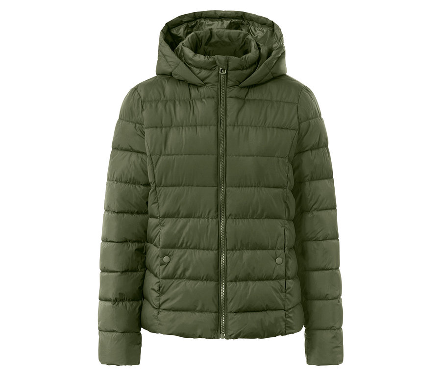 Grüne gesteppte Kapuzenjacke mit Reißverschluss.