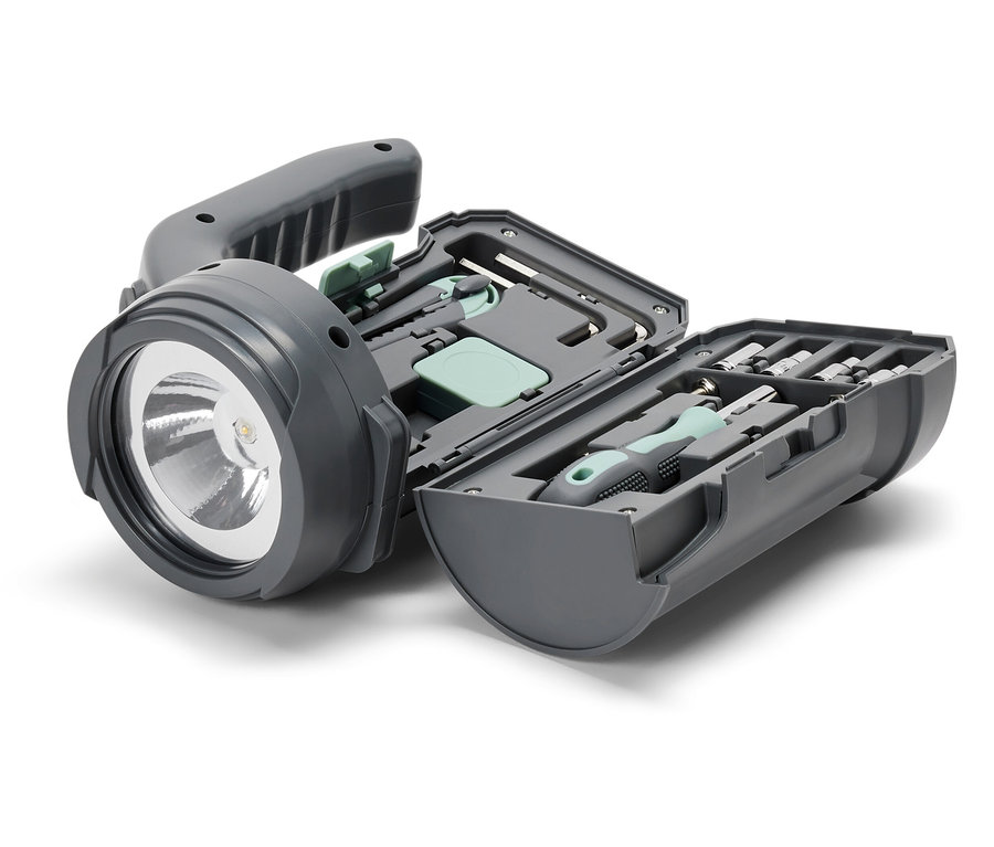 Graue 17-in-1-LED-Multifunktionsleuchte mit geöffnetem Schraubendreher-Gehäuse.