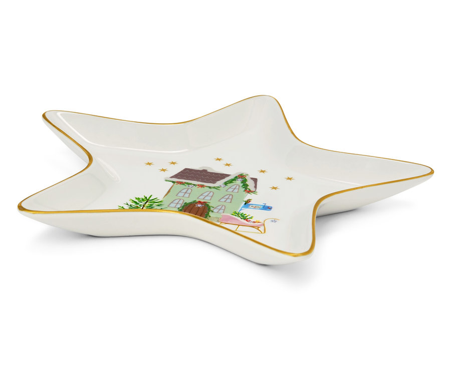 Sternförmige Deko-Schale mit Weihnachtsmotiv aus Häuschen, Baum und Schlitten.