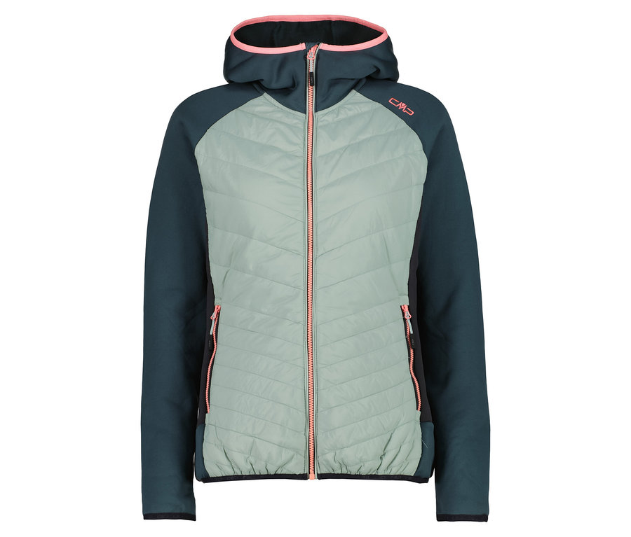 Eine grün- und dunkelblaue Kapuzenjacke mit Reißverschluss.