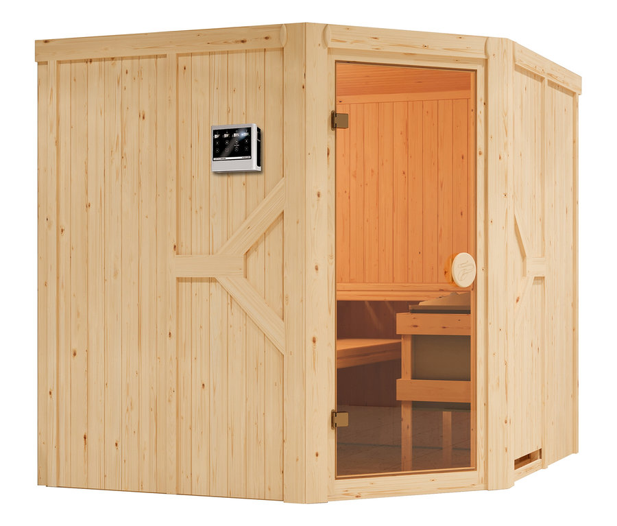 Karibu-Sauna »Brianna« mit Eckeinstieg, inkl. 9-kW-Bio-Kombiofen, ca. 196 x 196 cm.