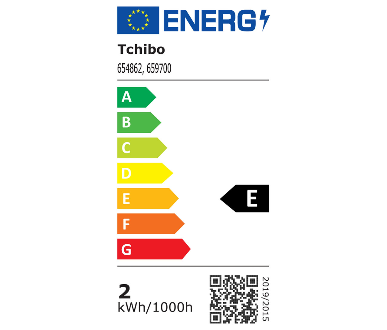 Tchibo Energieetikett mit den Klassen A bis G, das Produkt hat Klasse E und einen Verbrauch von 2 kWh/1000h.