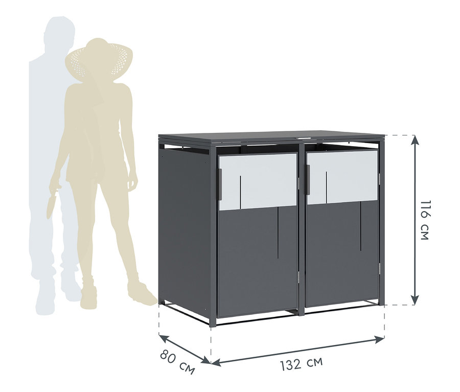 Graue Mülltonnenbox, 2er, mit Maßangaben und Silhouetten einer Person zum Größenvergleich.