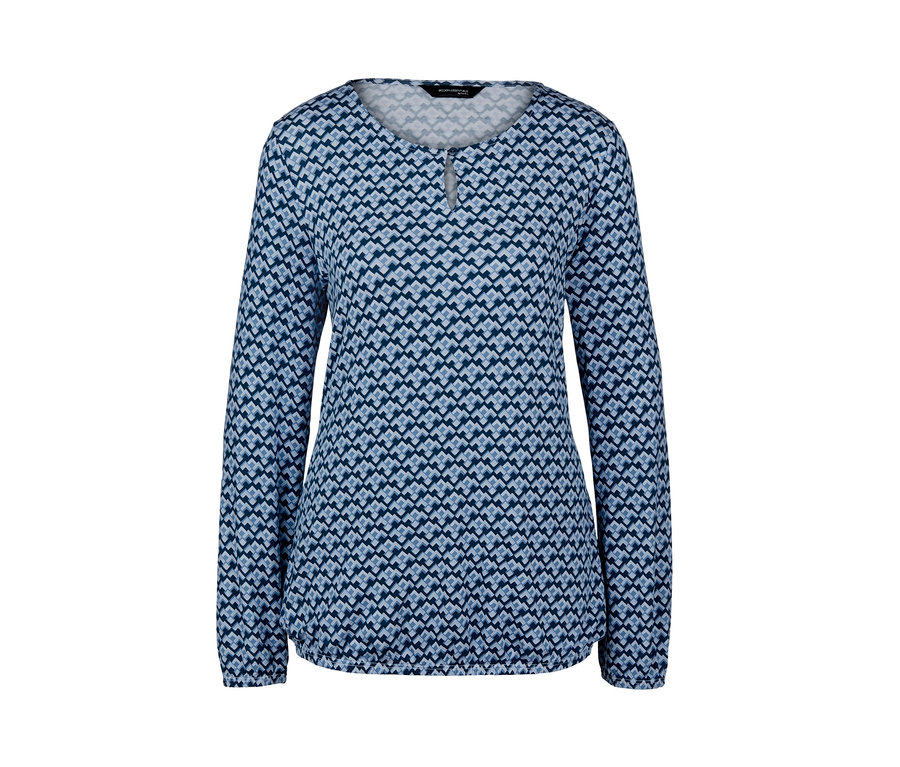 Langärmliges Blusenshirt mit blauem geometrischen Muster.