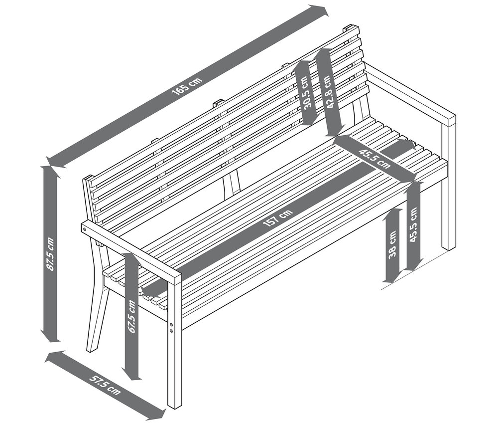 Illustration einer Gartenbank mit Armlehne und Abmessungen.
