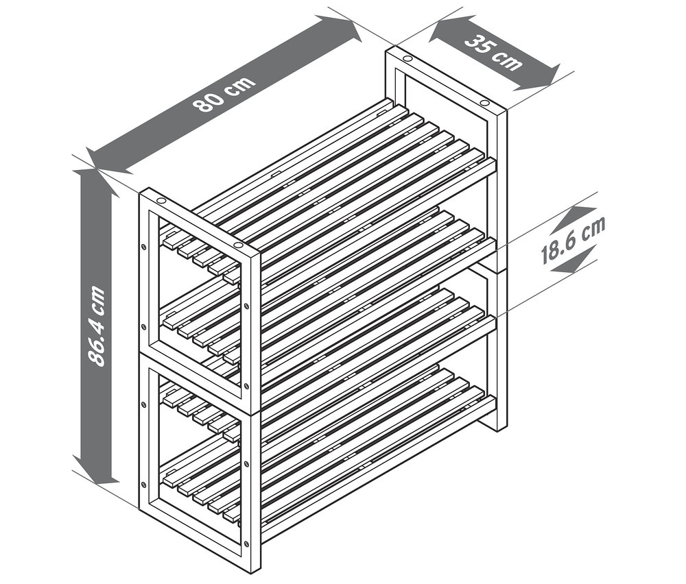 Abbildung eines stapelbaren Regals aus Massivholz mit vier Ablageflächen und Maßangaben.
