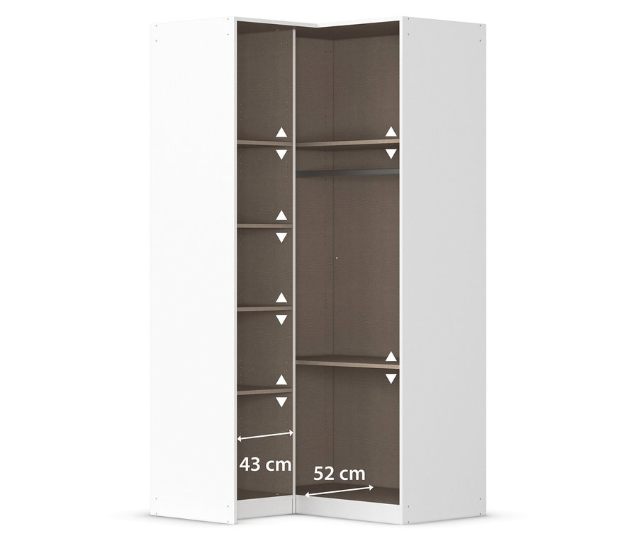 Weißer Eckkleiderschrank mit Regalen und Kleiderstange.