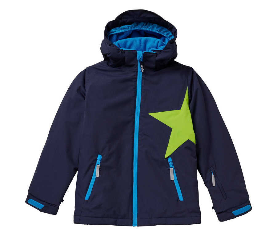 Marinefarbene JAKO-O Schneejacke mit Kapuze und grünem Stern auf der Vorderseite.