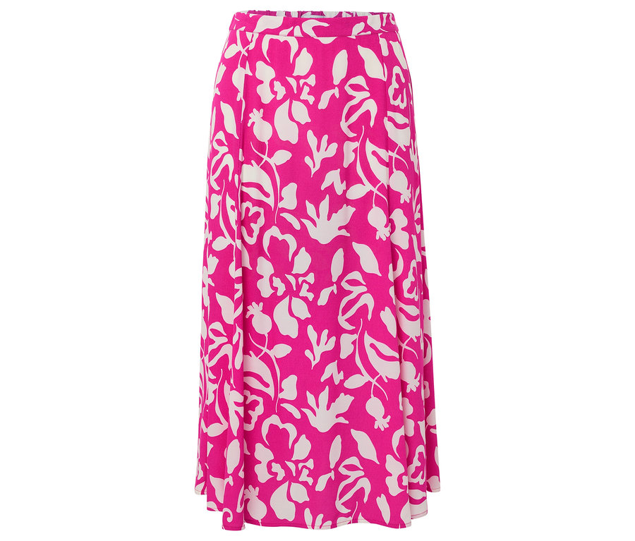 Ein pinkfarbener Rock mit weißem Blumenmuster.