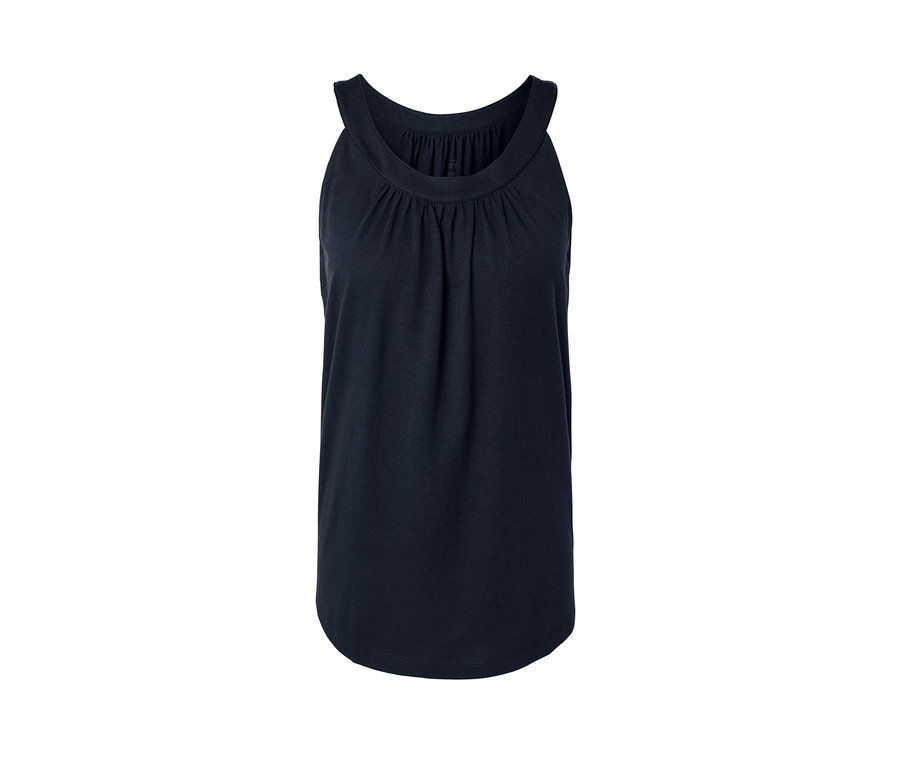 Marineblaues Top mit Raffungen am Ausschnitt.